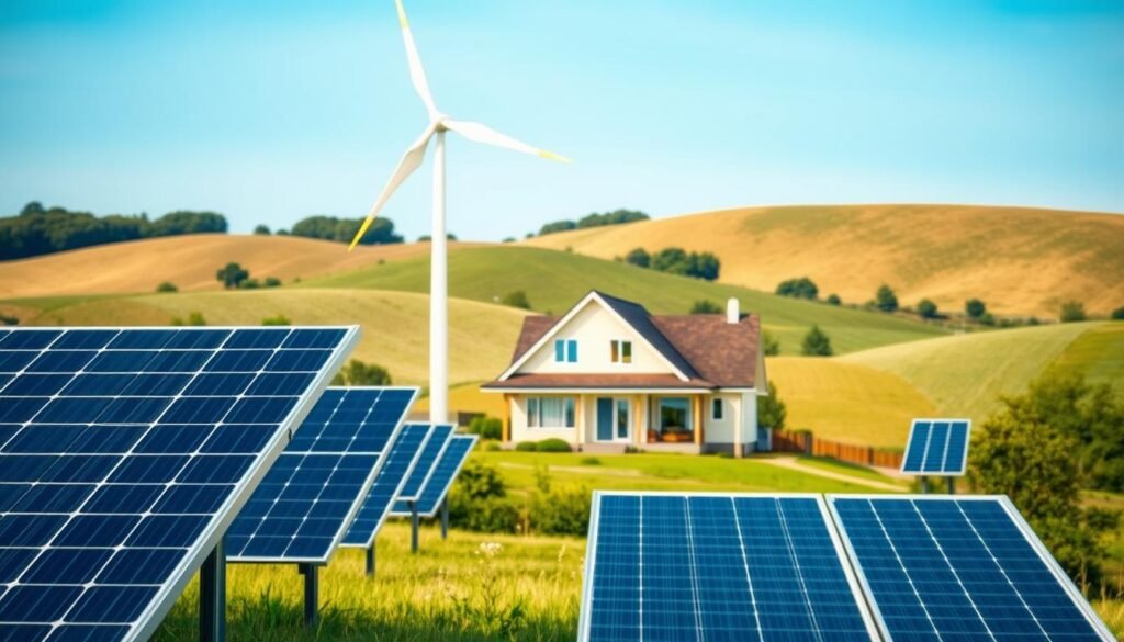 A well-lit, realistic scene depicting government financial incentives for home electricity self-consumption. In the foreground, solar panels and a wind turbine stand prominently, symbolizing renewable energy sources. In the middle ground, a modern family home with an efficient energy system. The background features a rolling countryside landscape with lush greenery, hinting at the environmental benefits of self-consumption. The lighting is natural and warm, conveying a sense of sustainability and government support. The overall composition highlights the key elements of state-sponsored programs encouraging households to generate their own electricity.