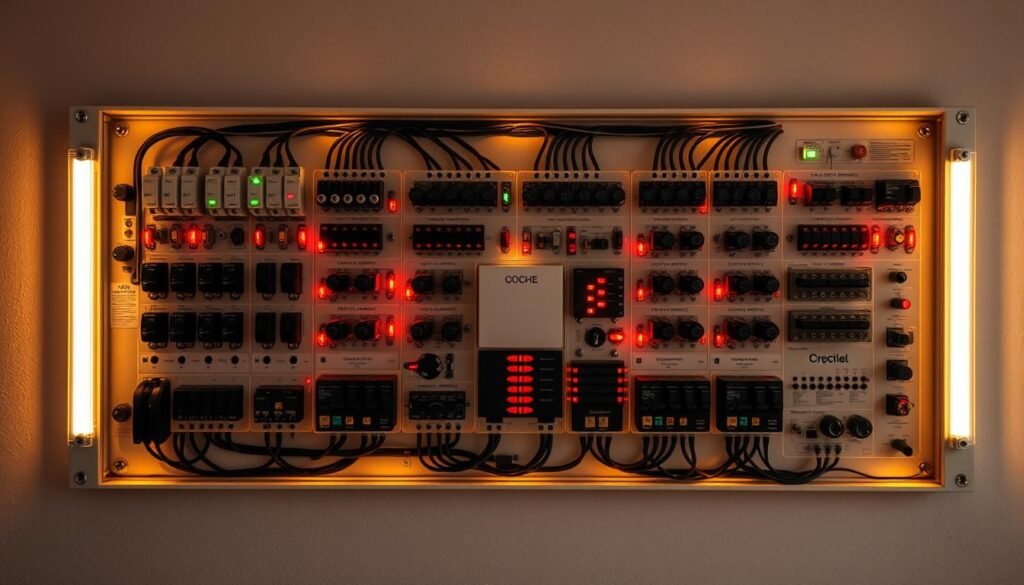 An intricate, well-organized electrical panel with various switches, circuit breakers, and indicators. The panel is illuminated with a warm, ambient lighting, creating a sense of technical sophistication. The layout is precise and symmetrical, with each component clearly labeled and organized. The background is a neutral, muted tone, allowing the panel to be the focal point. The overall composition conveys a sense of order, control, and professionalism, reflecting the technical nature of the "Fiche Autocontrole Electrique" subject matter.