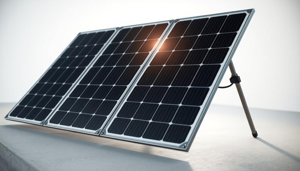 A compact, portable solar panel array standing on a flat surface, its sleek panels angled to catch the sun's rays. The setup is simple and intuitive, with clear instructions on how to unfold and connect the components. The panels have a modern, minimalist design in shades of silver and black, giving a high-tech, premium feel. Soft, diffused lighting illuminates the scene, creating a calm, professional atmosphere. The angle of the panels and the lighting combine to showcase the panel's efficient power generation capabilities. The overall impression is one of an accessible, user-friendly renewable energy solution that can be easily deployed anywhere.