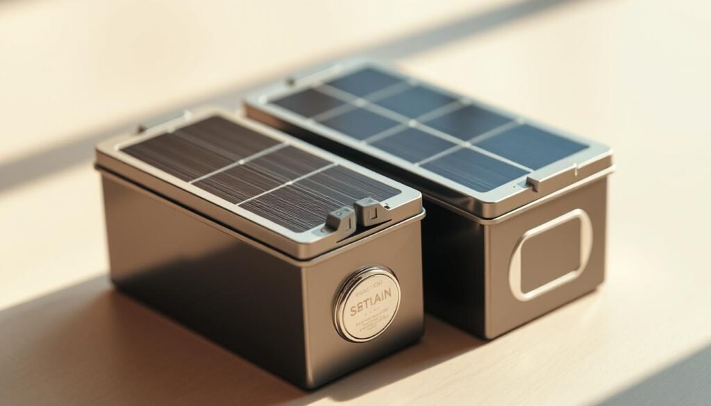 A crisp, well-lit close-up of two solar batteries, their sleek metallic casings gleaming against a softly blurred background. The batteries are positioned slightly at an angle, casting subtle shadows that add depth and dimensionality. The lighting is natural, with warm highlights and cool shadows, evoking a sense of scientific precision and technological innovation. The composition is balanced, drawing the viewer's eye to the intricate details of the batteries' surfaces and connectors. The overall mood is one of clean, modern elegance, hinting at the efficient power and sustainable energy these devices represent. A crisp, well-lit close-up of two solar batteries, their sleek metallic casings gleaming against a softly blurred background. The batteries are positioned slightly at an angle, casting subtle shadows that add depth and dimensionality. The lighting is natural, with warm highlights and cool shadows, evoking a sense of scientific precision and technological innovation. The composition is balanced, drawing the viewer's eye to the intricate details of the batteries' surfaces and connectors. The overall mood is one of clean, modern elegance, hinting at the efficient power and sustainable energy these devices represent.