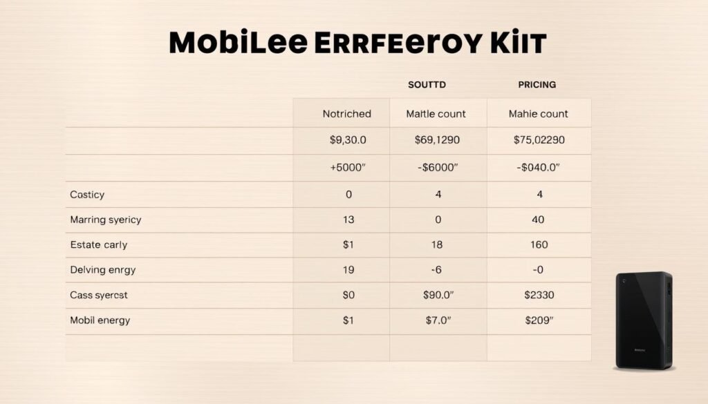 A detailed comparison of pricing for various mobile energy kits, showcased in a sleek and modern layout. The image should feature a clean, minimalist design with a focus on presenting the cost information in a clear, visually appealing manner. Utilize a warm, neutral color palette to create a sense of sophistication and professionalism. The layout should be balanced, with attention to negative space and clean typography to highlight the key pricing details. Subtle textural elements, such as brushed metal or matte finishes, can be incorporated to add depth and visual interest. The overall impression should convey a sense of authority and expertise on the subject of mobile energy solutions.