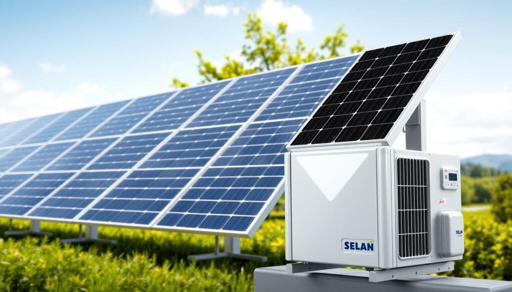 A detailed, high-resolution rendering of a solar-powered air conditioning system, known as a "thermopompe solaire". The foreground depicts the main unit, a sleek, modern design with clean lines and a glossy, metallic finish. The middle ground showcases the solar panels that power the system, arranged in an efficient, grid-like pattern, capturing the sun's energy. The background features a serene, natural landscape with lush greenery, hinting at the system's environmentally-friendly operation. The lighting is bright and directional, emphasizing the technical details and the interplay between the solar panels and the main unit. The overall composition conveys a sense of innovation, sustainability, and a harmonious integration of technology and nature.