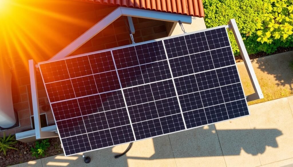 A detailed overhead view of a carport equipped with solar panels, bathed in warm afternoon sunlight. The carport structure is made of sturdy metal beams and supports, with a sleek, low-profile design. The solar panels are arranged in a symmetrical grid pattern, their shiny black surfaces reflecting the bright sky. The carport is situated on a level, paved surface, with a lush, landscaped background suggesting a residential or commercial setting. The scene conveys a sense of efficiency, sustainability, and modern architectural design.