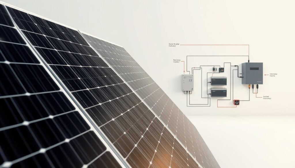 A detailed schematic diagram of a solar power installation, capturing the key components and their interconnections. The foreground showcases the solar panels, meticulously rendered with intricate textures and precise angles to capture the authentic look of a real solar panel. The middle ground includes the inverter, batteries, and other electrical components, neatly arranged and labeled to provide a clear understanding of the system's architecture. The background features a clean, minimalist environment, with soft lighting and a subtle gradient that sets the mood for a technical, yet visually appealing illustration. The overall composition is balanced, with a focus on clarity and informative detail, suitable for inclusion in an educational article about solar panel design.