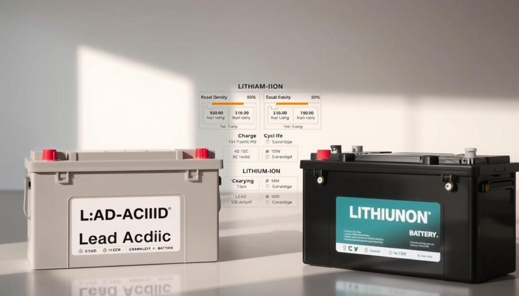 A detailed, side-by-side comparison of lead-acid and lithium-ion batteries, showcasing their distinct characteristics. In the foreground, two battery packs sit prominently, one lead-acid and one lithium-ion, illuminated by soft, natural lighting to highlight their physical differences. In the middle ground, a technical diagram illustrates the key performance metrics of each battery type, such as energy density, cycle life, and charging capabilities. The background features a clean, minimalist setting, allowing the batteries and their specifications to take center stage. The overall mood is one of informative clarity, inviting the viewer to appreciate the technical nuances between these two battery technologies suitable for a 9000W solar power system.
