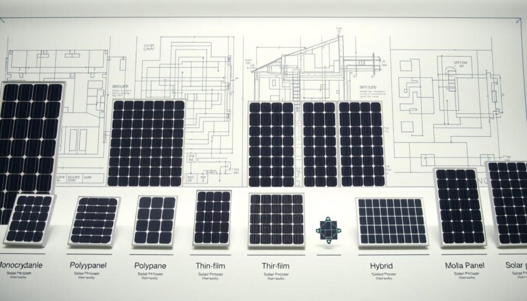 A detailed technical diagram showcasing various types of solar panels. A crisp, clean foreground displays a diverse array of solar panel designs, including monocrystalline, polycrystalline, thin-film, and hybrid panels, each labeled with their unique characteristics. The middle ground features an architectural blueprint-style background, highlighting the schematics and dimensions of solar panel installations. The lighting is bright, even, and natural, capturing the technical essence of the subject matter. The overall mood is informative and educational, suitable for technical illustrations in an article about solar panel schematics and project planning.