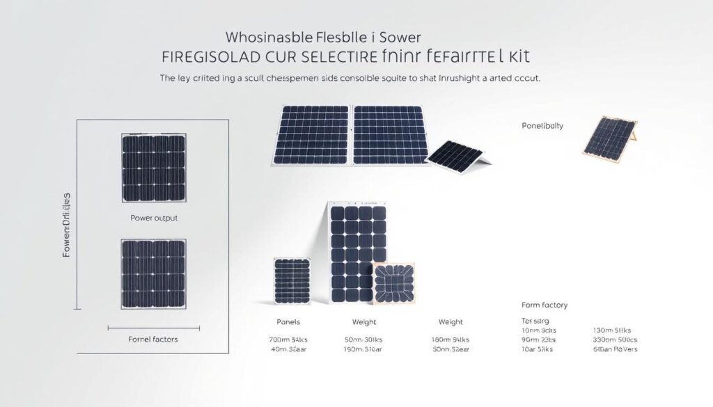 A detailed technical illustration of the key criteria for selecting a flexible solar panel kit. A clean, minimalist layout in a light, airy color palette. The foreground features a schematic diagram highlighting the essential specifications such as power output, panel size, weight, and portability. The middle ground showcases a variety of flexible solar modules in different form factors. The background depicts a subtle gradient or texture evoking a sense of technical sophistication. Lighting is soft and even, with a slight vignette effect to draw focus to the central elements. The overall mood is informative and educational, guiding the viewer through the important considerations when choosing a flexible solar power solution.