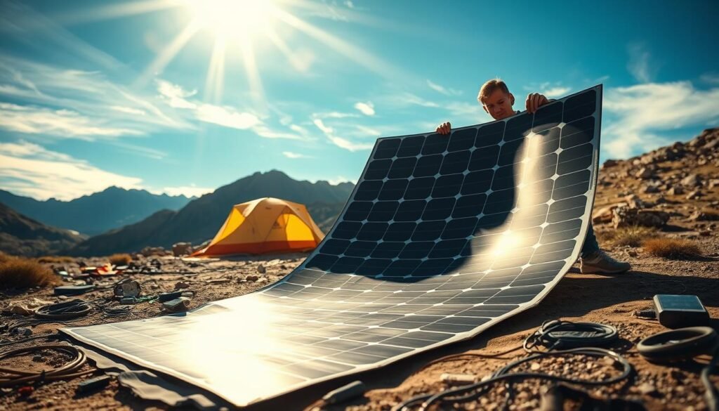 A flexible solar panel installation on a remote campsite, bathed in warm natural light. In the foreground, a person carefully unrolls the lightweight, portable panel onto a flat surface, its sleek surface glistening. Surrounding the panel, a neatly organized array of cables, connectors, and accessories. In the middle ground, a tent or off-grid shelter blends seamlessly into a rugged, mountainous landscape. The background features a clear, blue sky with wispy clouds, suggesting an idyllic, sun-drenched outdoor setting. The overall mood is one of self-sufficiency, adventure, and the harmonious integration of technology with nature.