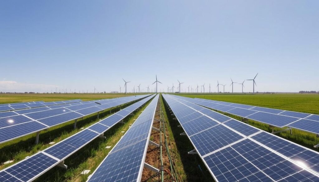A large, open field under a bright, cloudless sky. In the foreground, several rows of gleaming, sleek solar panels stand tall, arranged in a precise grid pattern. The panels catch the sun's rays, their surfaces reflecting the brilliant light. In the middle ground, a network of cables and conduits connect the panels, funneling the generated electricity to a central inverter station. In the background, a group of wind turbines dot the horizon, their blades gently turning in the breeze, complementing the solar installation. The scene conveys a sense of clean, renewable energy production, with a focus on the key steps of solar farm installation - panel placement, electrical infrastructure, and integration with other green power sources.
