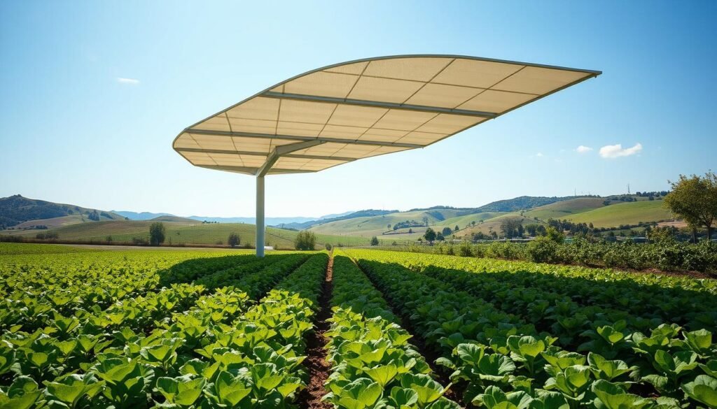A lush, verdant agricultural landscape with a striking avant-garde photovoltaic canopy overhead, casting a gentle, diffused light over the scene. In the foreground, rows of thriving crops flourish beneath the solar array, benefiting from the shaded microclimate. The middle ground features a sleek, modern structure - the photovoltaic ombrière - seamlessly integrated into the environment, its clean lines and minimal aesthetic complementing the natural surroundings. In the background, rolling hills and a vibrant blue sky create a picturesque, harmonious setting. The overall atmosphere is one of innovation, sustainability, and the fruitful coexistence of renewable energy and agricultural productivity.