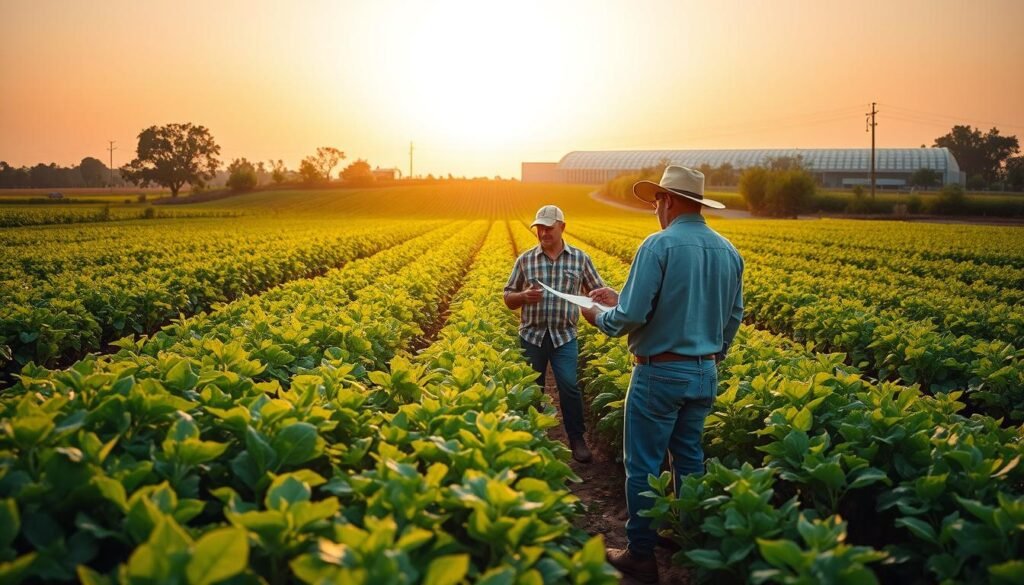 A lush, verdant farmland under a warm, golden-hued sky. In the foreground, a group of farmers stand amid rows of thriving crops, discussing farming techniques and government assistance programs. In the middle ground, a farmer reviews documents, perhaps outlining available subsidies and financial support. In the background, a modern agricultural research facility stands, symbolizing the technological advancements and resources available to help farmers succeed. The scene conveys a sense of collaboration, progress, and the vital role that government aid plays in supporting sustainable, eco-friendly agricultural practices.