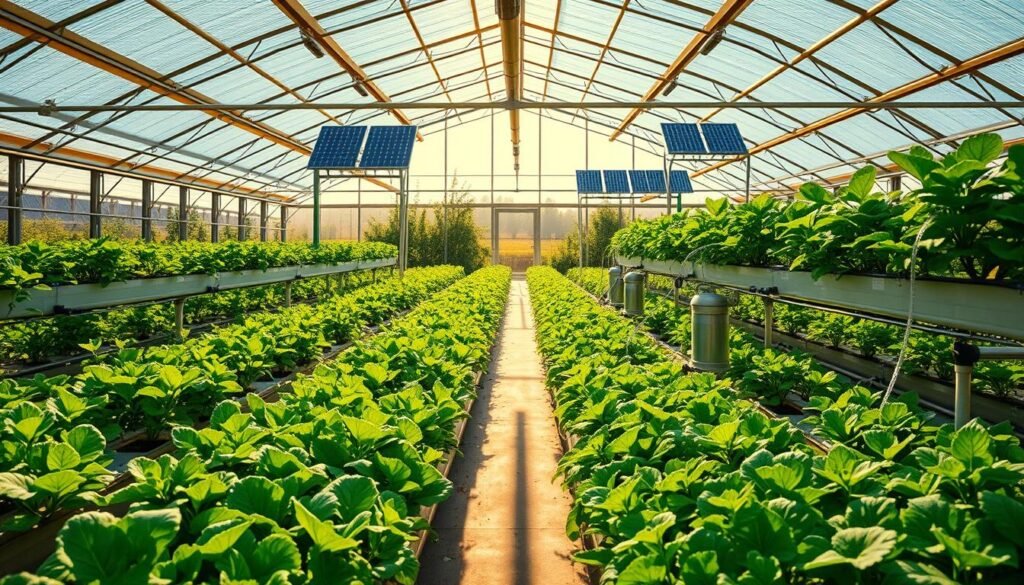 A modern greenhouse illuminated by warm sunlight, showcasing a vibrant and innovative indoor farming setup. In the foreground, rows of lush, verdant crops thrive under specialized grow lights, their leaves gently swaying. The middle ground features a complex hydroponic system, with transparent tubes and tanks delivering nutrients directly to the plant roots. In the background, solar panels line the greenhouse roof, harnessing the sun's energy to power the entire operation. The scene exudes a sense of technological harmony, where sustainable agriculture and renewable energy seamlessly converge to create an efficient, eco-friendly cultivation environment.