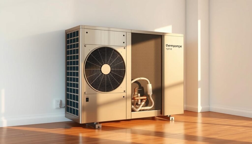 A modern, sleek hybrid heat pump system situated in a well-lit, minimalist interior. The thermopompe hybride is the central focus, its polished metallic casing and intricate components elegantly displayed. Soft, diffused lighting illuminates the device, casting warm shadows that highlight its technological sophistication. The background features clean, white walls and a hardwood floor, creating a sense of spaciousness and sophistication. The overall atmosphere is one of efficiency, innovation, and environmental consciousness, reflecting the capabilities of this hybrid heating and cooling solution.