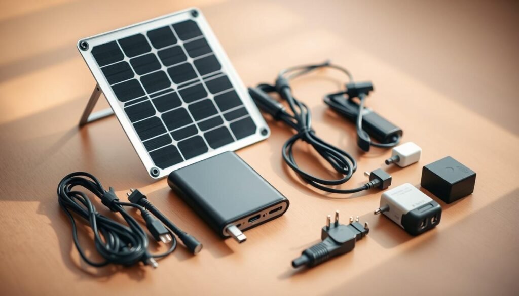 A neatly organized mobile energy kit, comprising a compact solar panel, a power bank, charging cables, and adapters. The solar panel is placed on a sturdy metal frame, angled to maximize sunlight exposure. The power bank, sleek and modern, is positioned in the foreground, surrounded by the various connectors and adapters needed to power a range of devices. The layout is clean and well-thought-out, reflecting the kit's versatility and ease of use. The lighting is soft and natural, creating a warm, inviting atmosphere that evokes the freedom and adventure of off-grid living. The overall composition conveys a sense of practicality and self-sufficiency, perfectly suited for the "Les composants d'un kit solaire complet" section of the article.
