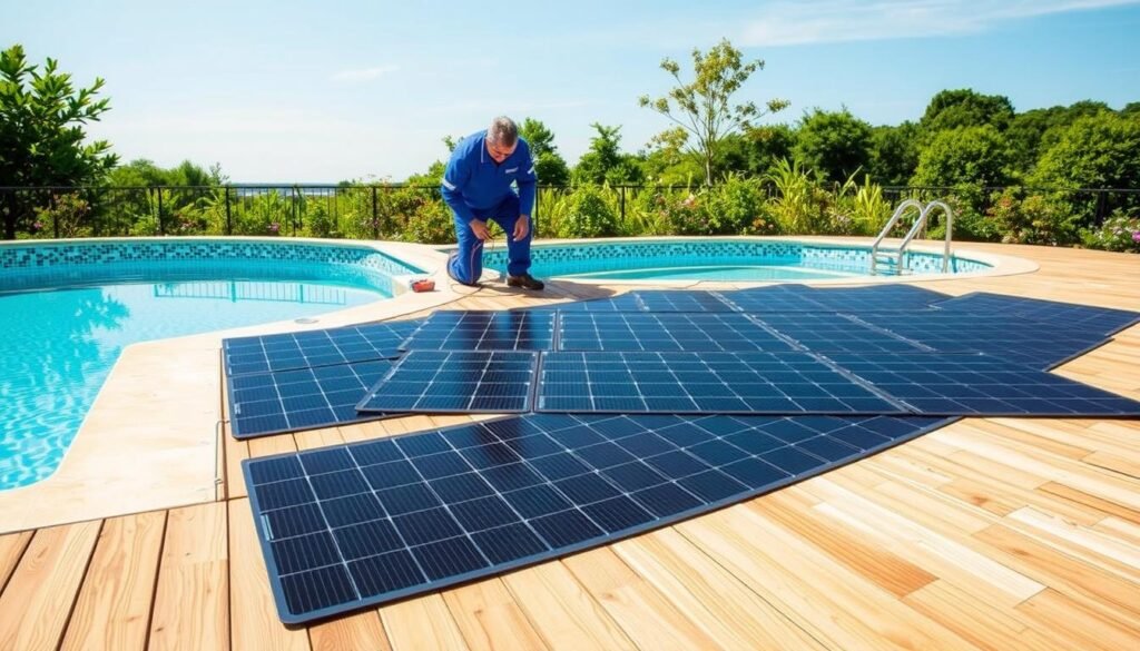 A neatly organized series of steps demonstrating the installation of a solar pool mat. In the foreground, a pool surrounded by a wooden deck, with the solar mat laid out in sections, its dark panels contrasting against the light-colored decking. In the middle ground, a technician in a blue uniform carefully connects the electrical components, the scene illuminated by warm, natural lighting that casts soft shadows. In the background, lush greenery and a clear, azure sky, conveying a serene, eco-friendly atmosphere. The overall composition highlights the simplicity and accessibility of this solar heating solution, inviting the viewer to imagine the comfort of a naturally warmed pool.