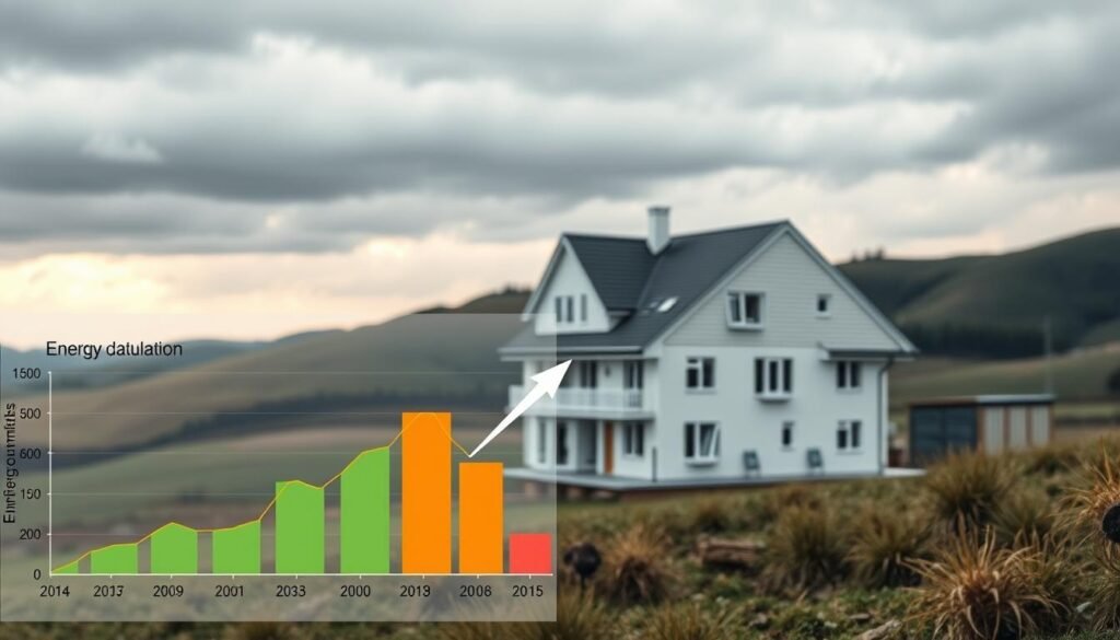 A photorealistic diagram depicting the calculation of energy needs for a 200 m² house. In the foreground, a detailed graph showing energy consumption data for different household appliances and systems. In the middle ground, a 3D model of a residential home with an arrow pointing to the energy meter. The background shows a muted landscape with rolling hills and a cloudy sky, emphasizing the importance of sustainable energy planning. The scene is illuminated by a warm, natural light, conveying a sense of clarity and focus. The overall mood is one of thoughtful analysis and careful consideration of energy requirements.