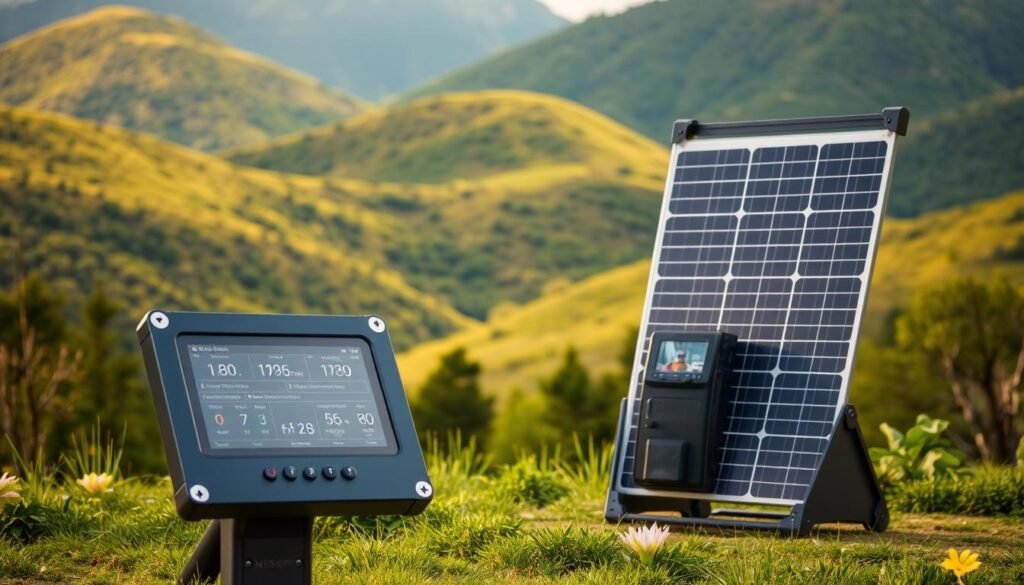 A portable solar station set against a serene, natural backdrop. The station is sleek and modern, with a sturdy frame and high-efficiency solar panels that capture the sun's rays. The foreground features the station's control panel, displaying various metrics and indicators of its performance and battery life. The middle ground showcases the station's compact size and portability, with a person interacting with the controls. The background depicts a lush, green landscape, with mountains or rolling hills in the distance, conveying a sense of outdoor adventure and self-sufficiency. The lighting is natural and warm, casting a soft glow on the scene. The overall mood is one of efficiency, durability, and a connection to the great outdoors.