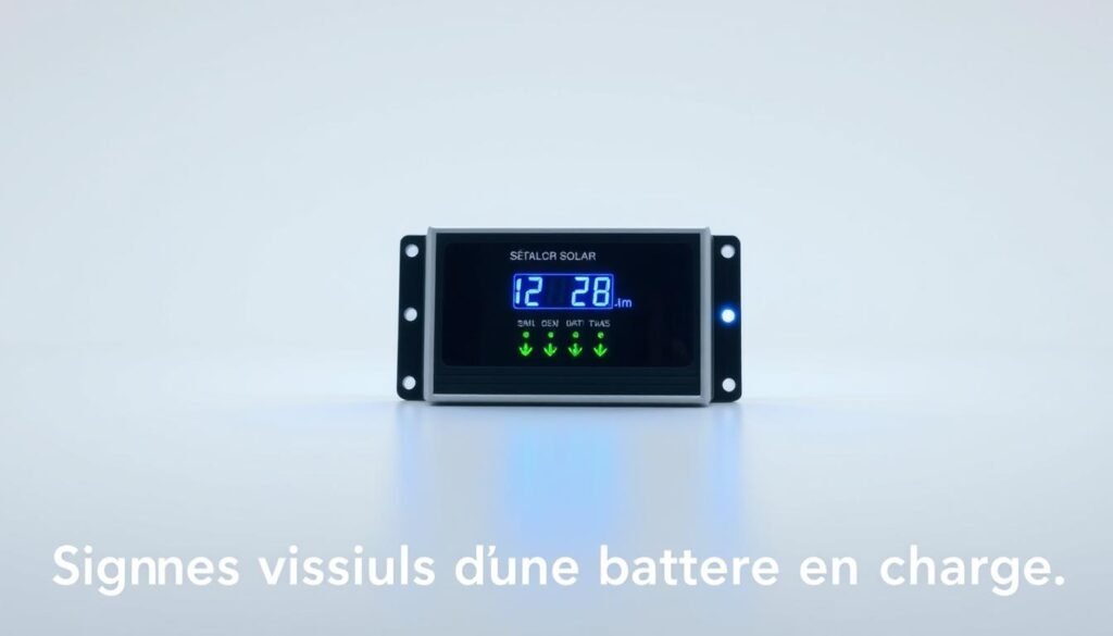 A solar charge regulator with LED indicators, displayed in a well-lit, minimalist setting. The device is positioned centrally, showcasing its sleek, modern design with clean lines and a matte finish. The LEDs glow softly, indicating the battery's charge status. The background is a simple, neutral color, allowing the device to be the focal point. The lighting is soft and diffused, creating a sense of clarity and precision. The camera angle is slightly elevated, providing a clear, unobstructed view of the regulator. The overall mood is one of technical proficiency and functional elegance, suitable for illustrating the "Signes visuels d'une batterie en charge" section of the article.