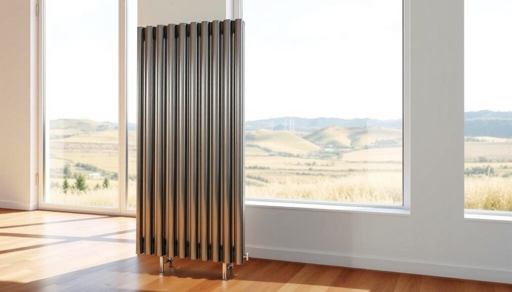 A solar-powered radiator against a modern, minimalist interior. In the foreground, the radiator unit stands elegantly, its sleek metal casing reflecting the soft, natural lighting from large windows. The middle ground showcases the clean, white walls and hardwood floors, emphasizing the radiator's integration into the space. In the background, a picturesque landscape with rolling hills and a clear sky can be seen through the windows, creating a serene, eco-friendly atmosphere. The lighting is soft and diffused, casting warm shadows that enhance the radiator's form. The camera angle is slightly elevated, providing a balanced, comprehensive view of the installation setup.