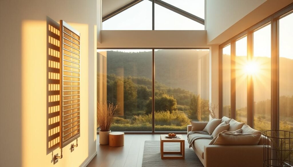 A solar-powered radiator installation in a modern home interior. The radiator is mounted on the wall, its sleek metallic frame accentuated by warm, diffused lighting. The middle ground features a cozy seating area, with natural wooden furniture and soft textiles creating a harmonious ambiance. In the background, large windows offer panoramic views of a lush, verdant landscape, bathed in the golden glow of the sun. The overall atmosphere is one of tranquility, energy efficiency, and seamless integration of renewable technology into the domestic setting.