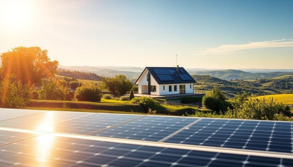 A sun-drenched landscape with a row of solar panels prominently displayed in the foreground, their sleek black surfaces reflecting the warm sunlight. In the middle ground, a modern, energy-efficient home sits nestled among lush greenery, its rooftop adorned with additional solar panels. The background features a scenic vista of rolling hills and a clear, azure sky, conveying a sense of tranquility and sustainability. The overall composition emphasizes the financial incentives and environmental benefits of adopting solar power, capturing the essence of the "Aides financières pour réduire le prix panneau solaire pour maison 200m2" section.