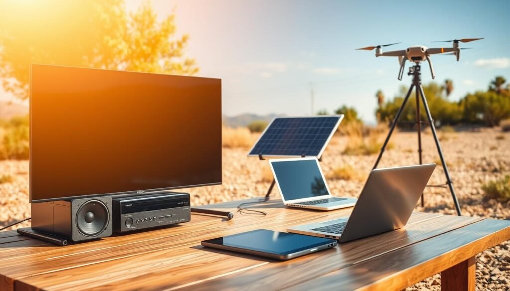 A sun-drenched outdoor scene showcasing an array of sleek, modern solar-powered multimedia equipment. In the foreground, a high-definition flat-screen TV and a state-of-the-art sound system rest on a minimalist wooden table, their surfaces gleaming under the warm, natural illumination. In the middle ground, a laptop and a tablet charge seamlessly from the solar panel mounted on a sturdy tripod, while in the background, a compact drone hovers silently, its camera capturing the serene, off-grid setting. The entire composition radiates an aura of technological sophistication and eco-friendly sustainability, capturing the essence of solar-powered multimedia equipment.