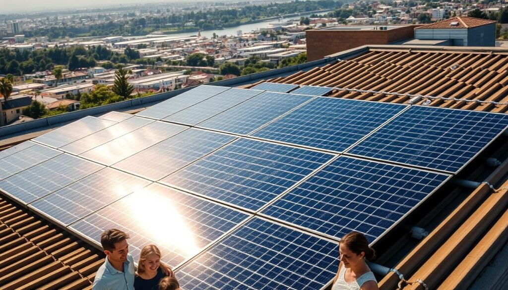 A sun-drenched rooftop, solar panels artfully arranged in a sleek, grid-like pattern. The panels gleam with a vibrant, metallic sheen, their surfaces capturing the warm light of the midday sun. In the foreground, a family gathers, smiling and admiring the installation, a tangible symbol of their commitment to renewable energy and a sustainable future. The background reveals a scenic cityscape, hinting at the broader context in which this solar solution is being implemented. The image conveys a sense of pride, innovation, and the promise of cost-effective, eco-friendly heating solutions for the years to come.
