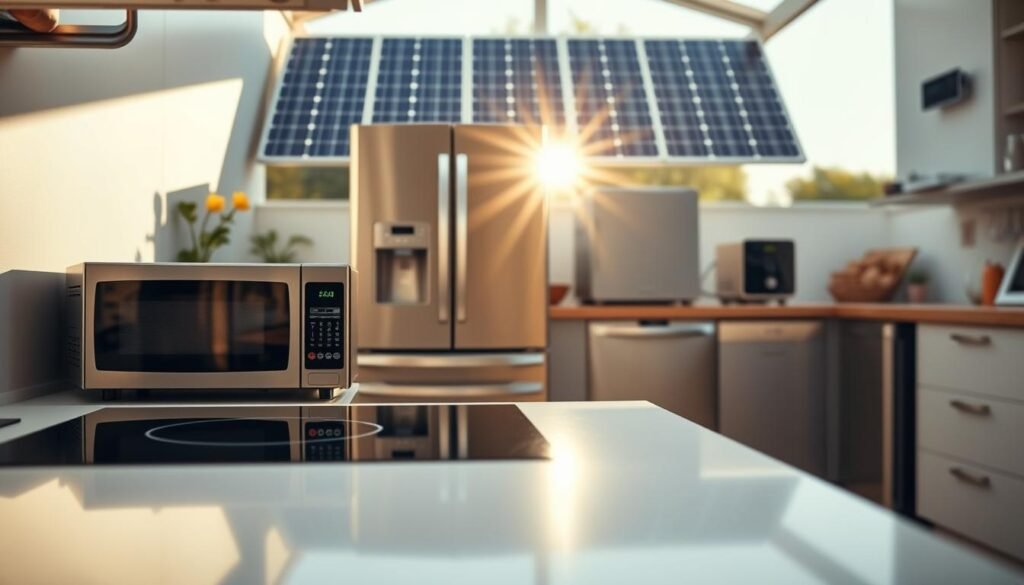 A sunny kitchen filled with gleaming solar-powered home appliances. In the foreground, a sleek induction cooktop and microwave hum with clean, renewable energy. In the middle ground, a high-efficiency refrigerator and dishwasher stand ready to handle daily tasks. The background features a large solar panel array, casting a warm glow over the scene. The lighting is soft and natural, highlighting the modern, minimalist design of the appliances. The overall atmosphere conveys a sense of sustainability, efficiency, and the harmonious integration of solar power into domestic life.