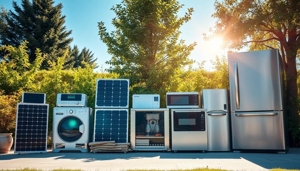 A sunny outdoor scene featuring an array of modern solar-powered appliances, including a smart home system, a large refrigerator, and various kitchen and home electronics. The appliances are arranged in a neat, organized manner, showcasing their sleek, minimalist designs. Bright sunlight filters through the scene, casting natural shadows and highlights that accentuate the appliances' clean lines and metallic finishes. The background is a lush, verdant garden, with vibrant foliage and a clear blue sky, creating a serene, eco-friendly atmosphere. The overall composition conveys a sense of sustainability, efficiency, and the future of renewable energy-powered living.