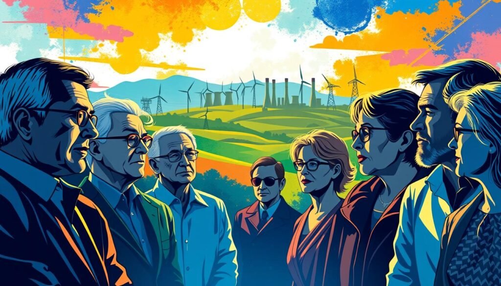 A vibrant and dynamic illustration of the key actors in France's energy transition plan, the "Plan Pluriannuel de l'Énergie" (PPE). In the foreground, a diverse group of stakeholders - government officials, industry leaders, and environmental advocates - engaged in animated discussion, their faces etched with determination. In the middle ground, the silhouettes of power plants, renewable energy installations, and infrastructure projects, symbolizing the broad scope of the PPE. The background is a vivid, abstract landscape, awash in hues of blue, green, and orange, conveying the sense of a nation in motion, embracing a sustainable energy future. Crisp lighting and a wide-angle lens capture the collaborative nature of this pivotal endeavor, with a sense of momentum and progress permeating the scene.