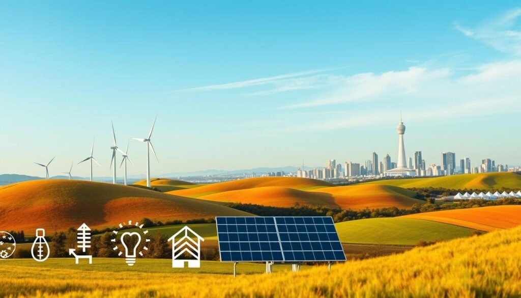 A vibrant landscape depicting the objectives of the French Energy Transition Plan (PPE). In the foreground, a series of clean energy icons symbolize the key goals - increased renewable energy production, improved energy efficiency, and reduced greenhouse gas emissions. The middle ground showcases modern wind turbines and solar panels set against a backdrop of rolling hills bathed in warm, golden light. In the distance, a cityscape with sleek, energy-efficient buildings emerges, signifying the transition towards a sustainable, low-carbon future. The scene conveys a sense of progress, innovation, and environmental responsibility, embodying the ambitious targets outlined in the PPE.