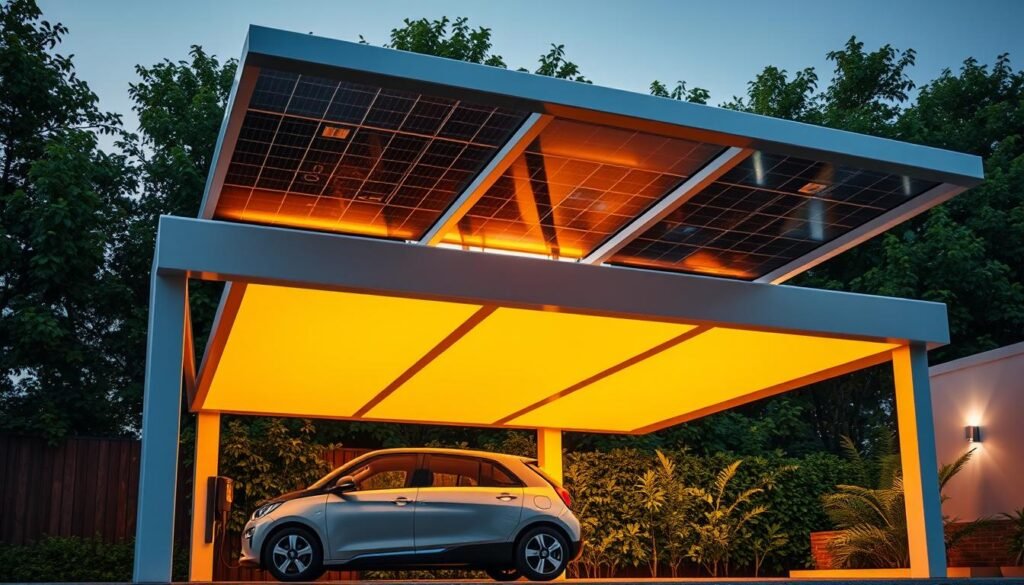 A well-lit, modern carport with sleek solar panels seamlessly integrated into the roof structure. The panels cast a warm, amber glow across the scene, illuminating the clean lines and minimalist design. In the foreground, a hybrid electric vehicle is parked, highlighting the renewable energy powering its charge. The carport's orientation is optimized to capture maximum sunlight, with careful consideration of the local climate and sun patterns. The background features lush greenery, creating a harmonious blend of technology and nature. Overall, the image conveys the advantages of a solar carport - reduced energy costs, eco-friendly power generation, and a stylish, contemporary aesthetic.