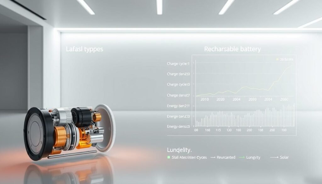 A well-lit, technical diagram depicting the lifespan and performance of solar and rechargeable batteries. In the foreground, an exploded view showcases the internal components of each battery type, highlighting their construction and materials. The middle ground features detailed line graphs and charts comparing the charge cycles, energy density, and longevity of solar and rechargeable options. In the background, a sleek, minimalist environment with clean lines and neutral tones provides context. The overall mood is informative and analytical, with a focus on conveying technical data through clear visualization. A well-lit, technical diagram depicting the lifespan and performance of solar and rechargeable batteries. In the foreground, an exploded view showcases the internal components of each battery type, highlighting their construction and materials. The middle ground features detailed line graphs and charts comparing the charge cycles, energy density, and longevity of solar and rechargeable options. In the background, a sleek, minimalist environment with clean lines and neutral tones provides context. The overall mood is informative and analytical, with a focus on conveying technical data through clear visualization.