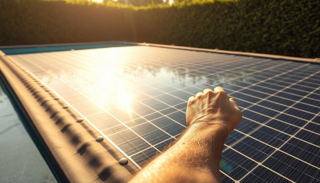 A well-maintained solar pool cover resting on a pristine pool, its surface glistening in the warm, golden sunlight. The cover is taut and free of wrinkles, its intricate webbing of solar cells capturing the sun's energy to efficiently heat the water below. In the foreground, a weathered yet sturdy hand skillfully adjusts the cover's tension, ensuring optimal performance and longevity. The background features a lush, verdant landscape, creating a serene and natural setting that complements the eco-friendly nature of the solar cover. Soft shadows and a gentle, diffused lighting evoke a sense of tranquility and harmony, reflecting the effortless integration of this sustainable technology into the backyard oasis.