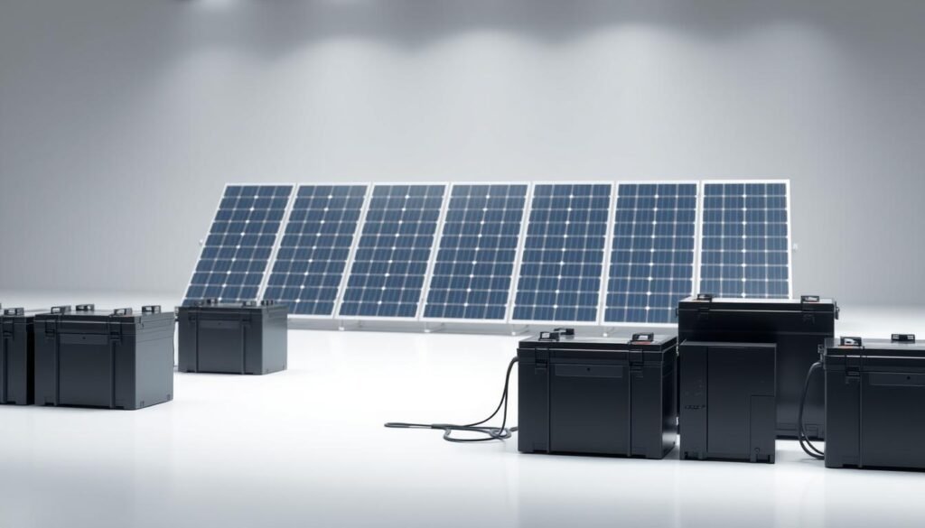 Detailed configurations of solar panel battery systems, showcasing various setups and layouts. A well-lit, high-resolution 3D rendering depicting several battery banks in the foreground, connected to sleek, modern solar panels arranged in the middle ground. The background features a clean, minimalist environment with subtle gradients and soft lighting, emphasizing the technical and engineered nature of the solar power system. The composition should convey a sense of efficiency, functionality, and the integration of renewable energy technologies.