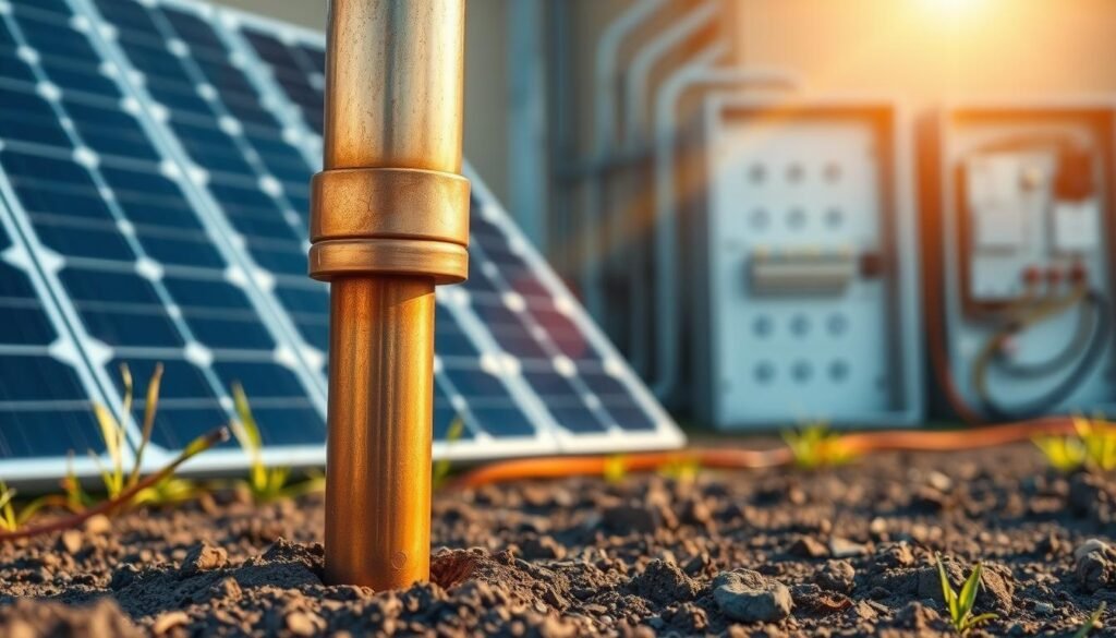 Detailed photorealistic illustration of a solar photovoltaic system grounding installation. In the foreground, a sturdy copper grounding rod is securely driven into the earth, forming the foundation of the system's electrical safety. The middle ground showcases the solar panels, their sleek frames and glass surfaces reflecting the sunlight. In the background, a modern electrical panel with clearly labeled terminals and connections is visible, highlighting the integration of the solar system with the building's electrical infrastructure. The scene is bathed in warm, natural lighting, conveying a sense of safety, reliability, and environmental responsibility. The composition emphasizes the importance of proper grounding and electrical safety in solar power installations.