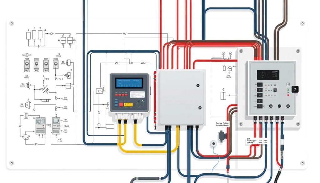 Detailed schematic diagram of a photovoltaic system's electrical connections, showcasing the interconnections between solar panels, inverters, and the main electrical panel. The illustration should feature clean, technical schematics with precise electrical symbols, color-coded wiring, and clear labeling of key components. The image should convey a sense of technical proficiency and engineering precision, suitable for inclusion in an informative article on solar panel installation. Depict the scene with a neutral, technical aesthetic, using a balanced composition with sufficient white space to highlight the clarity of the electrical schematics.
