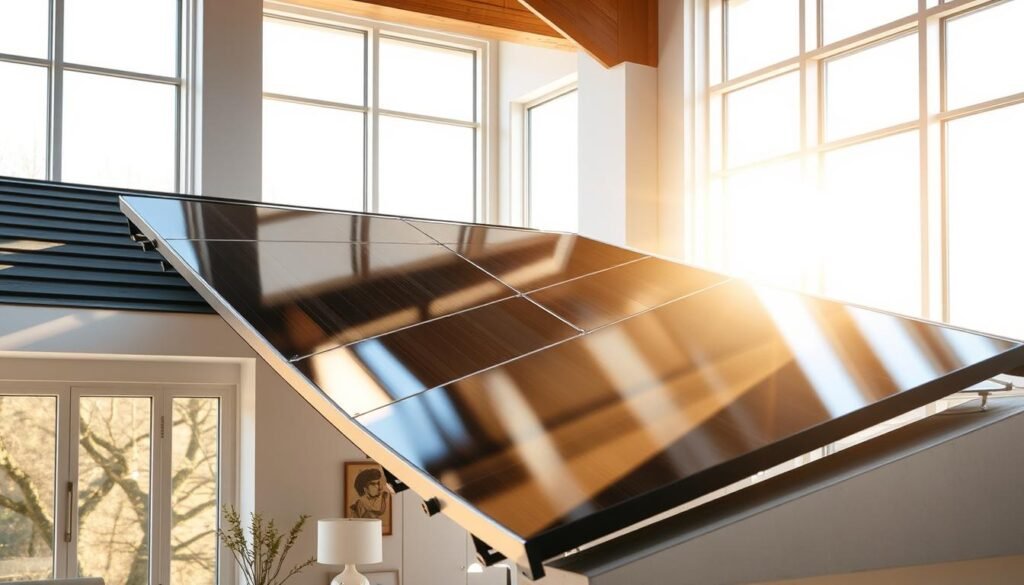 Detailed solar thermal panel installation in a modern home interior. Sleek panels mounted on the roof, seamlessly integrated with the architecture. Sunlight streams through large windows, casting warm, natural lighting across the room. Minimalist furnishings and clean lines create an airy, sophisticated atmosphere. The panels are the focal point, showcasing their efficiency and environmental benefits. Precise engineering and careful design highlight the advantages of solar thermal technology as an economical, eco-friendly heating solution.