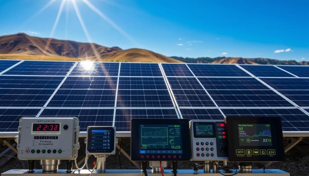 Prompt A sun-drenched solar panel array, its sleek black surfaces glistening, set against a backdrop of rolling hills and a vibrant blue sky. In the foreground, a series of sophisticated monitoring devices and control panels, their digital displays showcasing real-time energy optimization data. Rays of sunlight filter through, casting dynamic shadows and highlighting the intricate interplay between the solar technology and the natural environment. The scene conveys a sense of sustainable power generation, efficiency, and the harmony between renewable energy and the landscape. The overall composition emphasizes the idea of optimizing the use of solar energy to power homes, businesses, and communities.