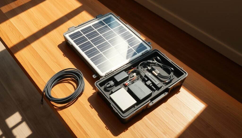 A bright, modern solar financing kit resting on a wooden table. The kit features a sleek, silver solar panel, along with various cables, connectors, and accessories neatly organized in a modular, high-quality case. Warm, natural lighting illuminates the scene, casting soft shadows and highlighting the premium materials. The composition emphasizes the accessibility and user-friendliness of the solar financing solution, conveying a sense of financial empowerment and environmental responsibility. The overall atmosphere is one of innovation, simplicity, and a commitment to sustainable home energy.