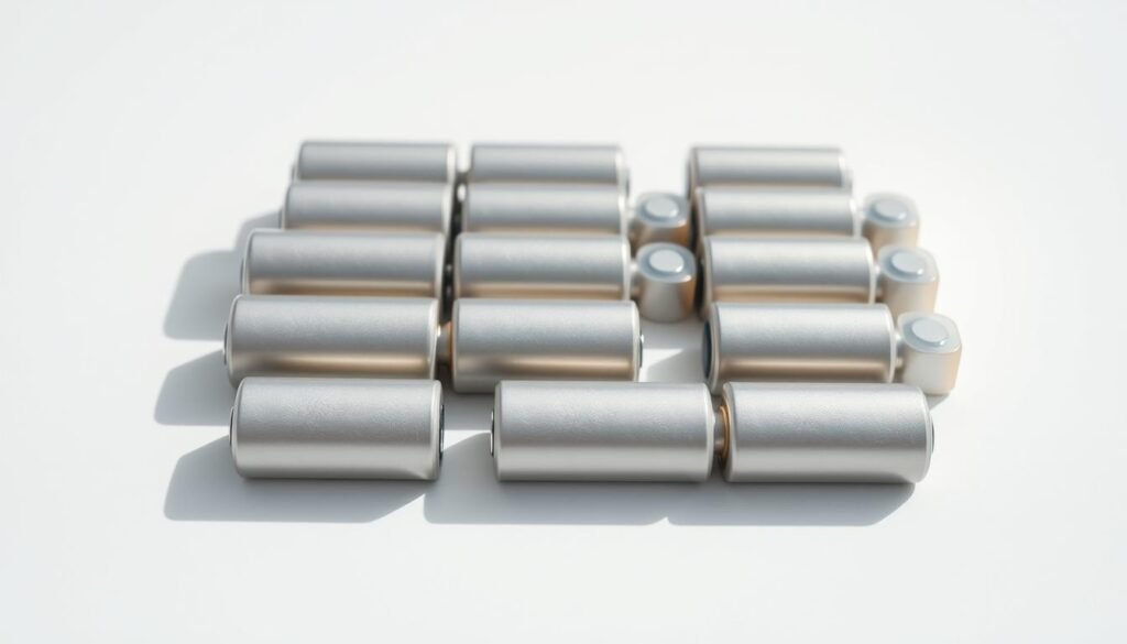 A close-up view of a group of lithium-ion batteries, meticulously arranged in a grid-like pattern against a clean, neutral background. The batteries have a sleek, contemporary design with a subtle metallic sheen, casting soft, directional shadows that accentuate their form. The lighting is natural and diffused, creating a sense of balance and clarity. The composition emphasizes the technical details and precise engineering of these power sources, conveying a sense of reliability and technological sophistication. The overall mood is one of minimalism and professionalism, befitting the specialized subject matter.