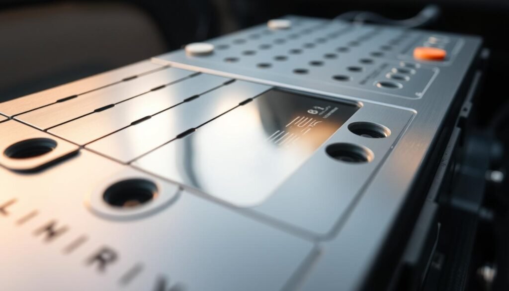 A close-up view of a lithium-ion battery pack, its sleek metallic casing reflecting a soft, warm lighting. The cells are arranged in a precise, interlocking grid, conveying a sense of power and efficiency. The background is subtly blurred, emphasizing the battery's technical details - the vent holes, the terminals, and the intricate circuitry visible through the transparent panel. The composition highlights the battery's compact, modern design, suggesting its suitability for use in a caravan or recreational vehicle, where compact size and reliable performance are paramount.