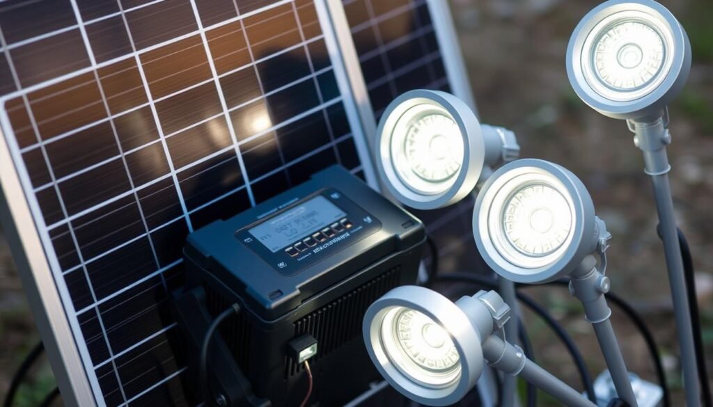 A detailed close-up of the key components in a solar lighting kit, including a solar panel, battery, charge controller, and LED light fixtures. The solar panel is mounted on a sturdy metal frame, capturing the sun's rays with precision. The battery pack, charge controller, and interconnecting cables are neatly arranged, showcasing the compact and efficient design. The LED lights are positioned to provide optimal illumination, with their sleek, modern housings complementing the overall aesthetic. The lighting elements are arranged in a visually appealing manner, highlighting the technical sophistication and practical functionality of this self-contained solar lighting system.