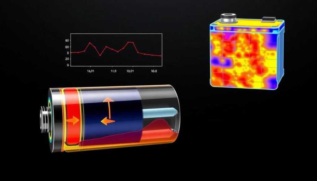 A detailed cross-section showing the impact of temperature variations on the performance of a lithium-ion battery. In the foreground, a battery cell cutaway reveals the internal components - anode, cathode, electrolyte, and separator - with arrows indicating the flow of ions during charging and discharging. In the middle ground, a graph depicts the relationship between battery capacity and temperature, highlighting the drop in performance at both high and low temperatures. In the background, a thermal imaging camera scan visualizes the uneven heat distribution across the battery surface. Warm and cool areas are indicated by a colorful heat map, emphasizing how temperature gradients can affect overall battery health and longevity.
