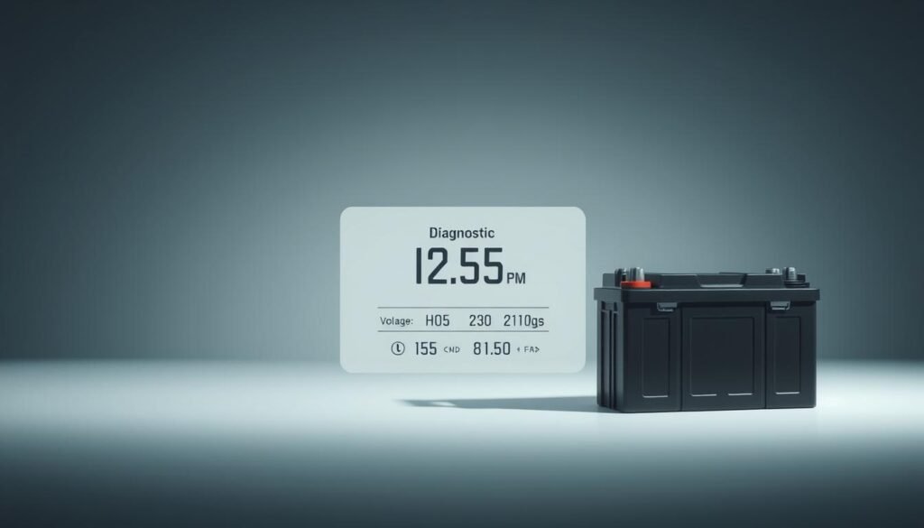 A detailed diagnostic display showing the charge level, voltage, and remaining life of a solar battery. The battery is shown in the foreground, with a minimalist, technical display in the middle ground providing clear, easy-to-read metrics. The background features a subtly blurred, clean, and neutral environment, allowing the battery and its diagnostic information to be the focal point. Muted, cool tones create a sense of professionalism and precision, conveying the technical nature of the subject. Dramatic side lighting casts subtle shadows, enhancing the three-dimensional form of the battery and creating depth in the scene.