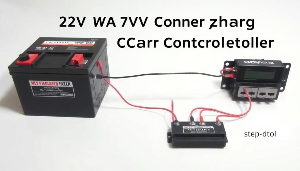 A detailed diagram of a 12V battery connection to a solar charge controller, with a clear focus on the wiring and terminals. The foreground shows the battery and charge controller, their housings and terminals, with thick copper cables connecting them. The middle ground includes the positive and negative terminals, and the charge controller's input and output ports. The background is a clean, neutral environment, allowing the components to stand out. The lighting is bright and even, casting subtle shadows to highlight the three-dimensional nature of the objects. The overall mood is informative and technical, conveying the step-by-step process of properly wiring a solar battery to a charge regulator.
