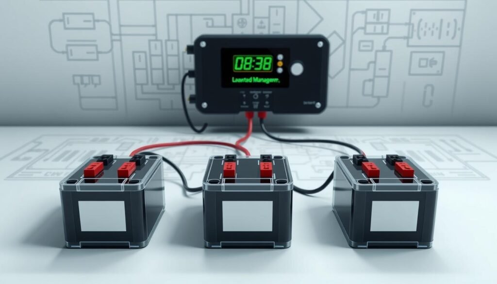 A detailed diagram showcasing the balanced charging of three batteries connected in series. The foreground depicts the three batteries with their positive and negative terminals clearly visible, connected by wires. The middle ground shows a battery management system monitoring the charge levels, ensuring even distribution. The background features a minimalist technical blueprint, providing context. Soft, directional lighting illuminates the scene, creating depth and emphasizing the intricate components. The overall atmosphere conveys a sense of precision, functionality, and the importance of proper battery management for optimal performance.