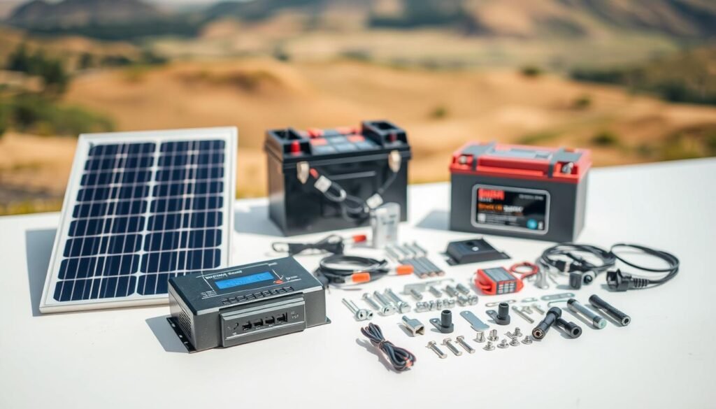 A detailed, high-quality photograph of the key components of a solar battery charging kit, arranged on a clean, white surface with natural lighting. In the foreground, a solar panel, charge controller, and battery are prominently displayed. In the middle ground, various connectors, cables, and mounting hardware are neatly organized. The background features a blurred, out-of-focus landscape, creating a sense of depth and emphasizing the technical details of the components. The overall composition highlights the essential parts of a solar power system for battery maintenance, conveying a professional, educational atmosphere.