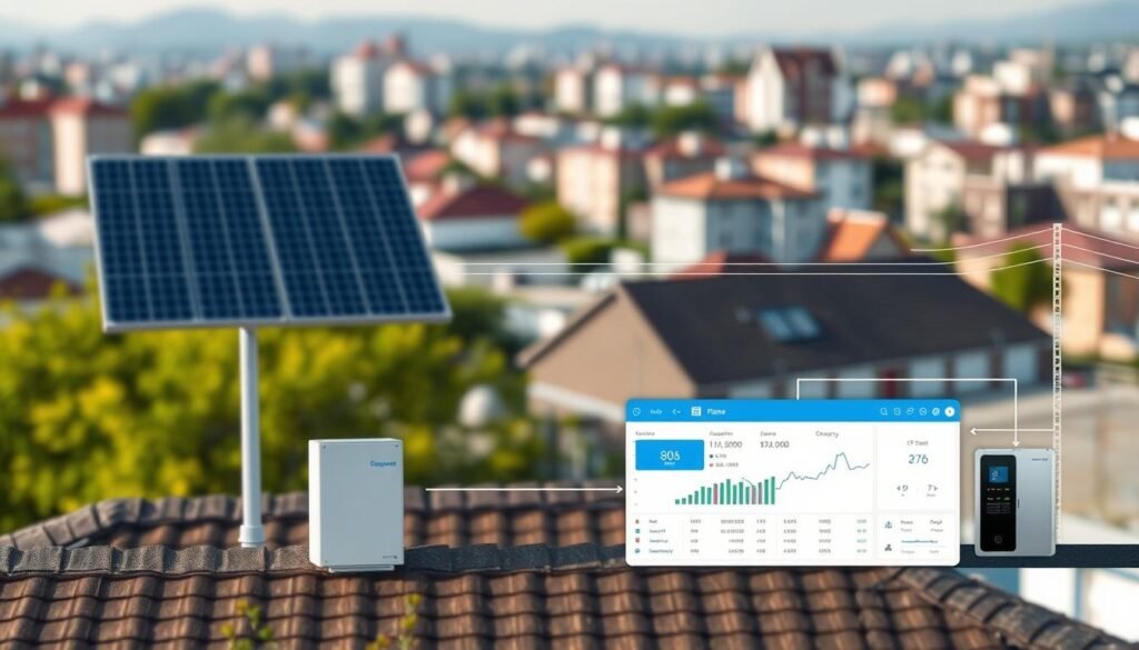 A detailed illustration of a photovoltaic system's energy flow, depicting the calculation of the self-consumption rate. Prominent in the foreground, a clean, modern dashboard interface displaying real-time energy generation, consumption, and self-consumption metrics. The middle ground showcases a schematic representation of the PV system, including solar panels, inverters, and the connection to the grid. In the background, a softly blurred cityscape with residential and commercial buildings, suggesting the integration of the system within the local environment. The lighting is crisp and evenly distributed, highlighting the technical details while maintaining a sleek, professional aesthetic. The overall mood is one of clarity, efficiency, and environmental consciousness.