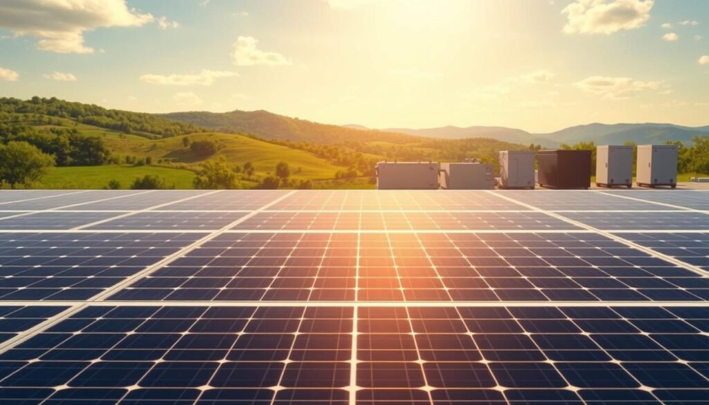 A detailed illustration of a solar system's profitability, showcasing a sleek, modern solar panel array against a serene, sun-dappled landscape. The foreground features neatly arranged solar panels, their surfaces glistening with a high-quality finish. The middle ground depicts rolling hills, verdant foliage, and a clear, azure sky, creating a sense of tranquility and sustainability. In the background, a series of battery banks and energy storage systems are visible, symbolizing the crucial role of energy storage in maximizing the return on investment for a solar power system. The scene is illuminated by natural, warm lighting, casting soft shadows and highlighting the efficient design of the solar components. The overall mood is one of technological innovation, environmental consciousness, and financial viability, perfectly capturing the essence of the article's subject matter.